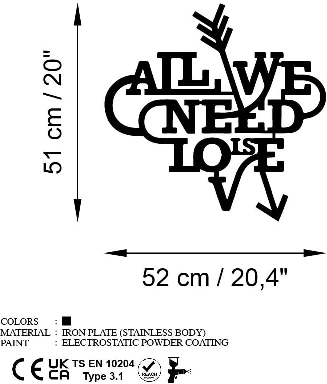 Aksesor dekorativ metalik për mur, Wallity, Need is Love, ngjyrë e zezë