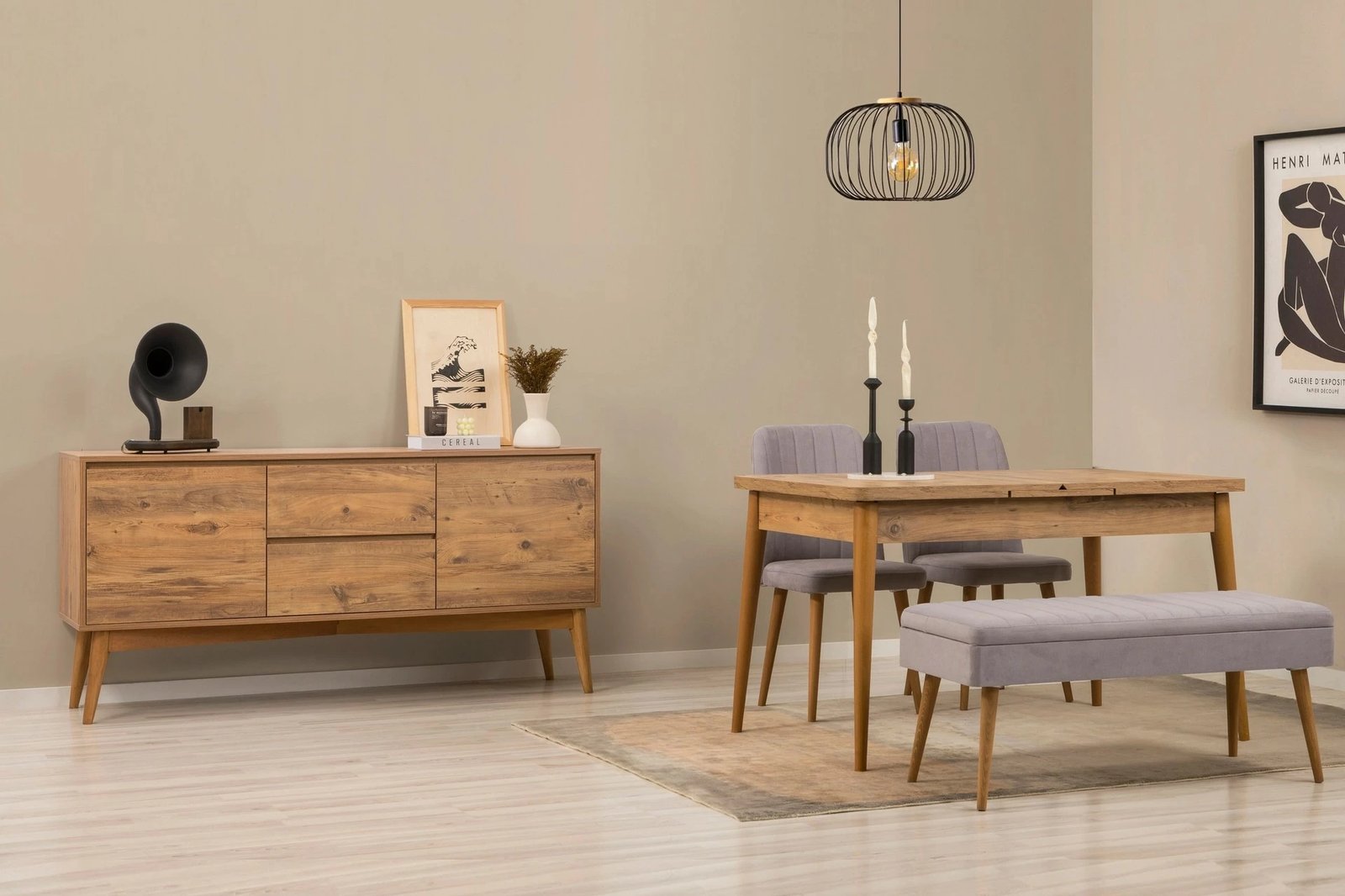 Set tavoline me karrige dhe konsol, zgjatues, 5 pjesë, Skye Decor, Vina 02 0701, ngjyrë lis Atlantik, gri