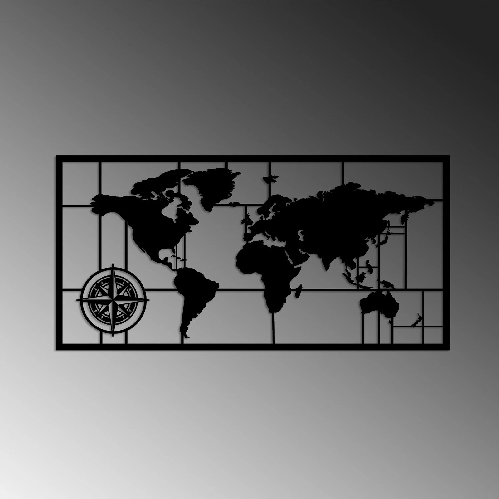 Aksesor dekorativ metalik për mur, hartë bote, Wallity, 81x40cm, e zezë