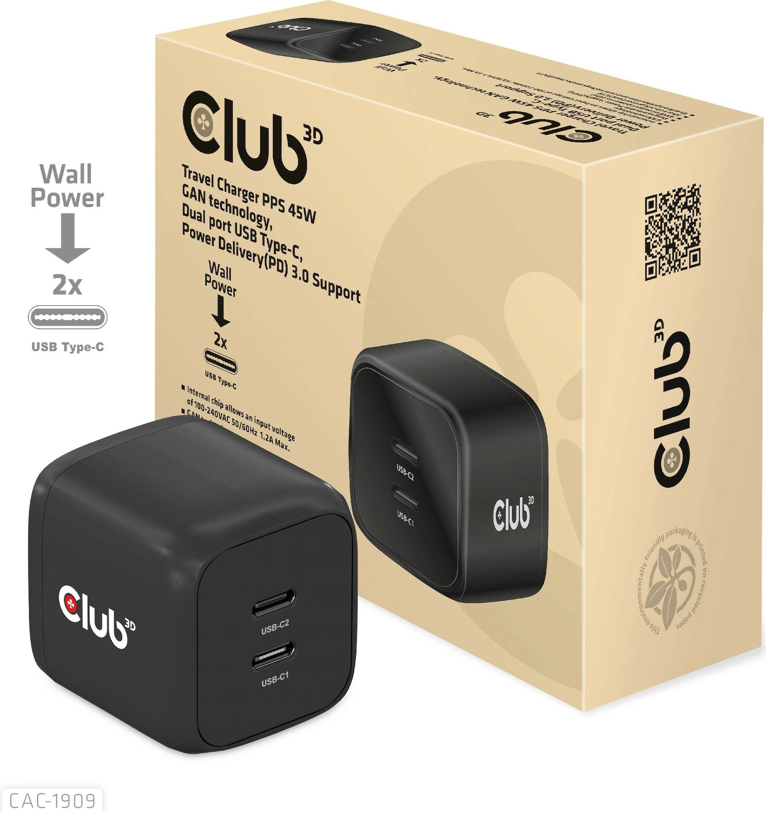 Karikues Club3D 2xUSB Type-C PD 45W, GaN, i zi