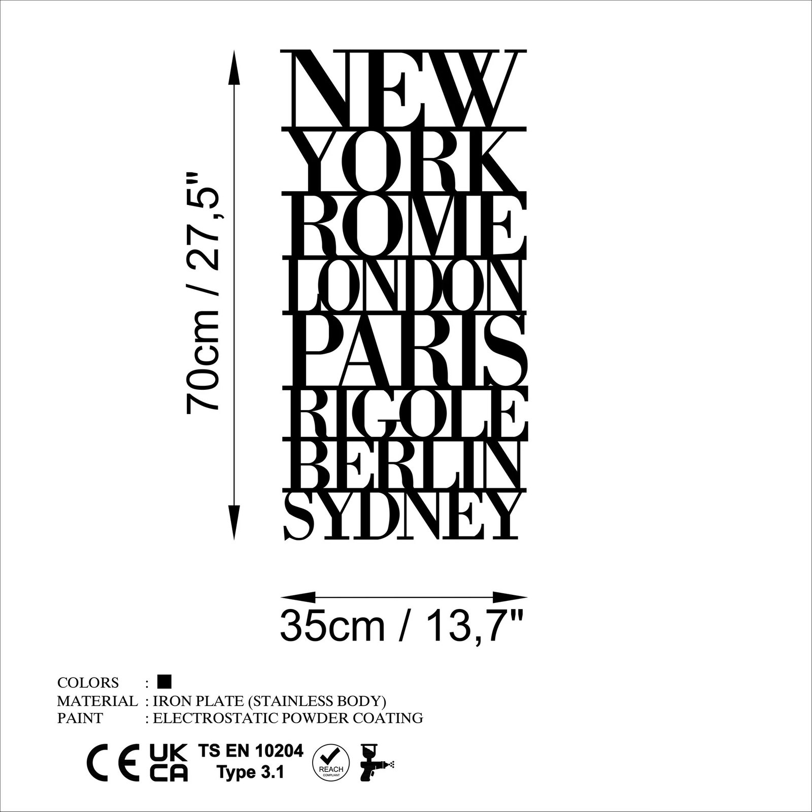 Aksesor dekorativ metalik për mur, Wallity, Capitals - L, ngjyrë e zezë, 70x35cm