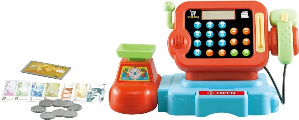 Kasë lodër për fëmijë ASKATO 121741, me skaner, peshore dhe para, Blu/Gjelbër/E kuqe