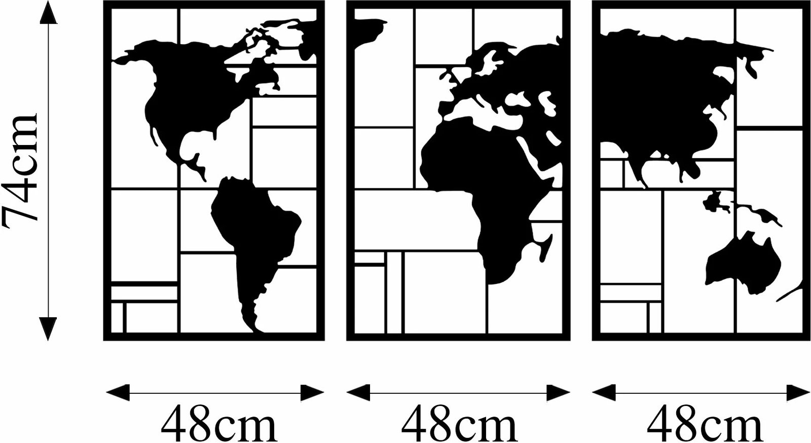 Aksesor dekorativ muri prej metali, hartë bote, 3 pjesë