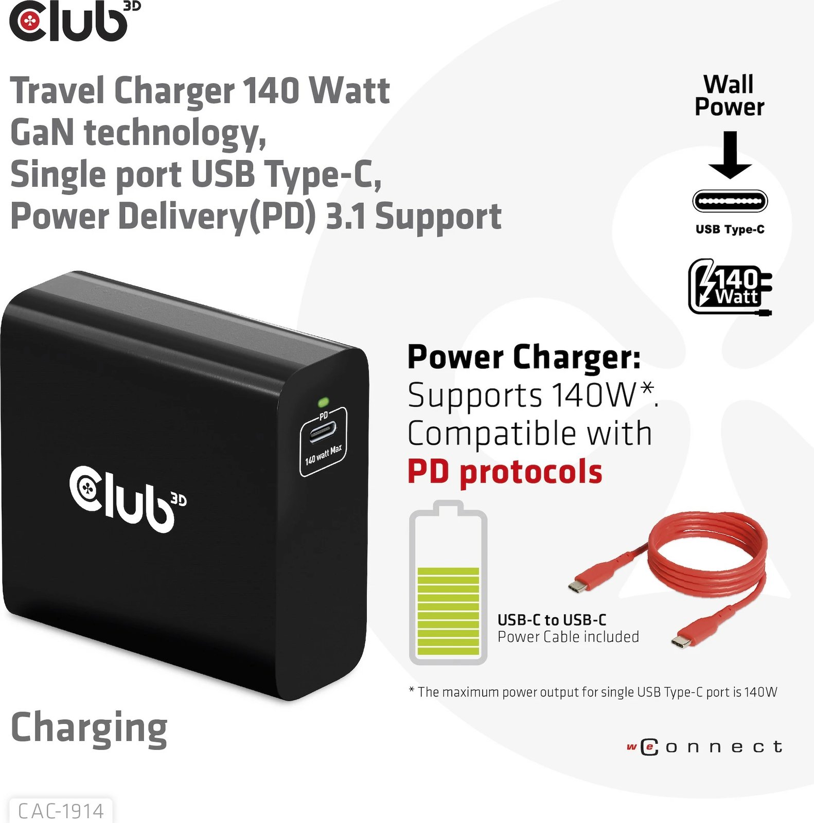 Karikues Club3D 140W, GaN, USB-C, me kabllo USB-C, i zi Karikues Club3D 140W, GaN, USB-C, me kabllo USB-C, i zi