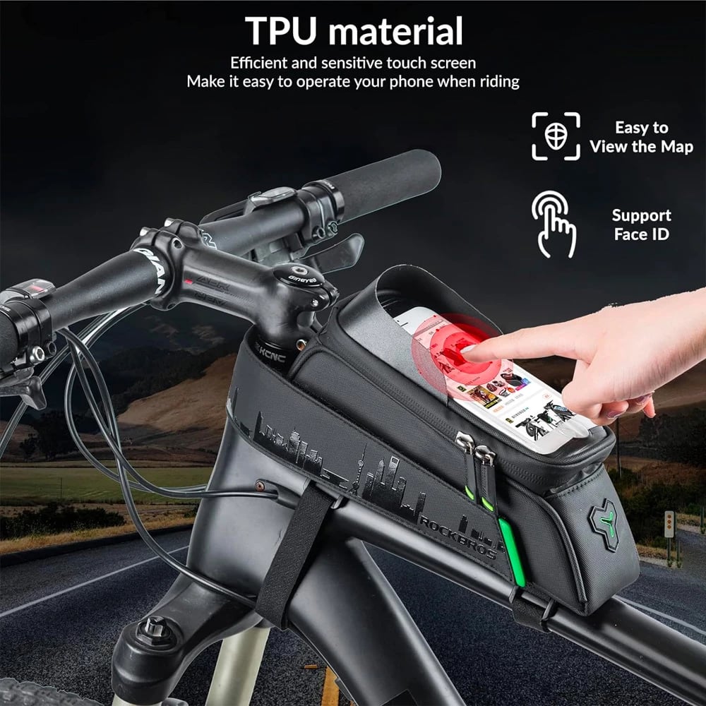 Çantë biçiklete Rockbros 029-1BK me mbulesë telefoni, 1.5L, e zezë