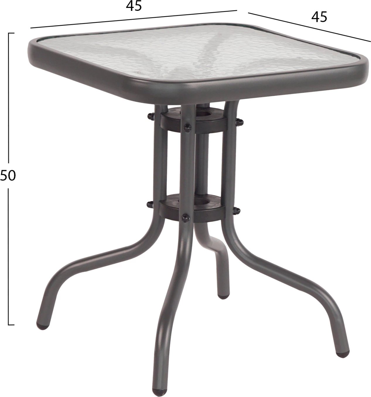 Tavolinë kafeje FIGO FH6067.01 metalike, ngjyrë gri, sipërfaqe xhami të kalitur, 45x45x50H cm