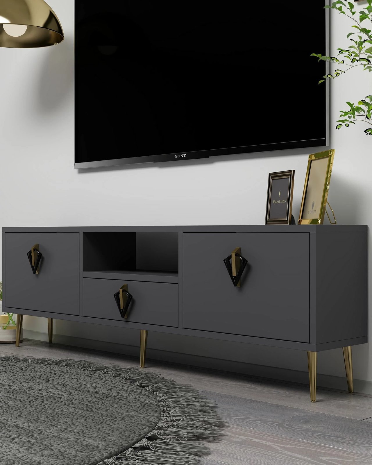 Komodë për TV Skye Decor, 1312-DROP-32, antracit, e zezë, e artë