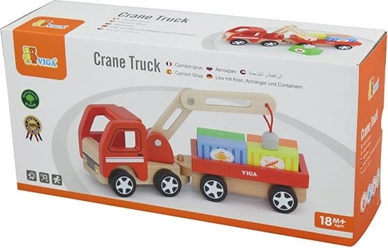 Lodër druri kamion me vinç magnetik, Viga, 4 kontejnerë magnetikë, 18+ muaj, multingjyrësh, set