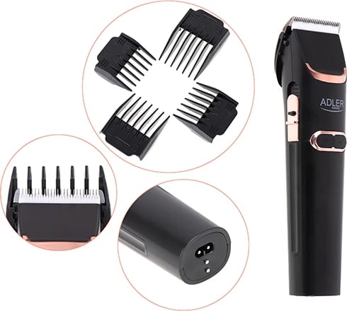 Makinë qethëse Adler AD 2832, teh qeramik/çelik, pa/kabllo, LCD, 1.5 orë punë, turbo, 4 krehra 3–12 mm, e zezë