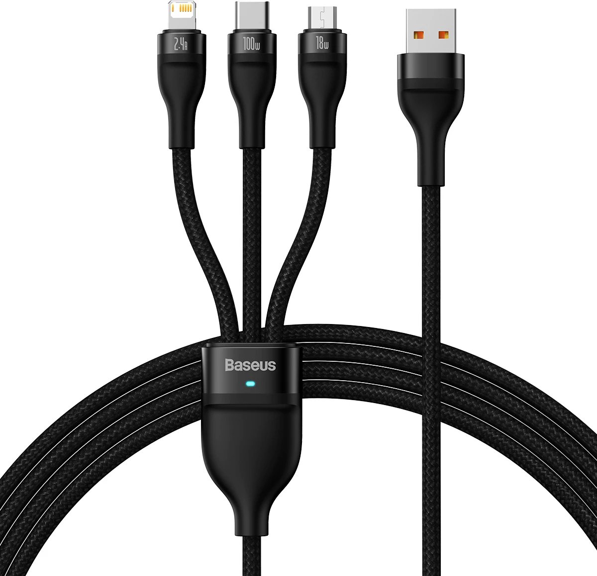Kabllo karikimi Baseus Flash Series II, 1.2m, 100W, USB-A në USB-C/Lightning/micro USB, e zezë