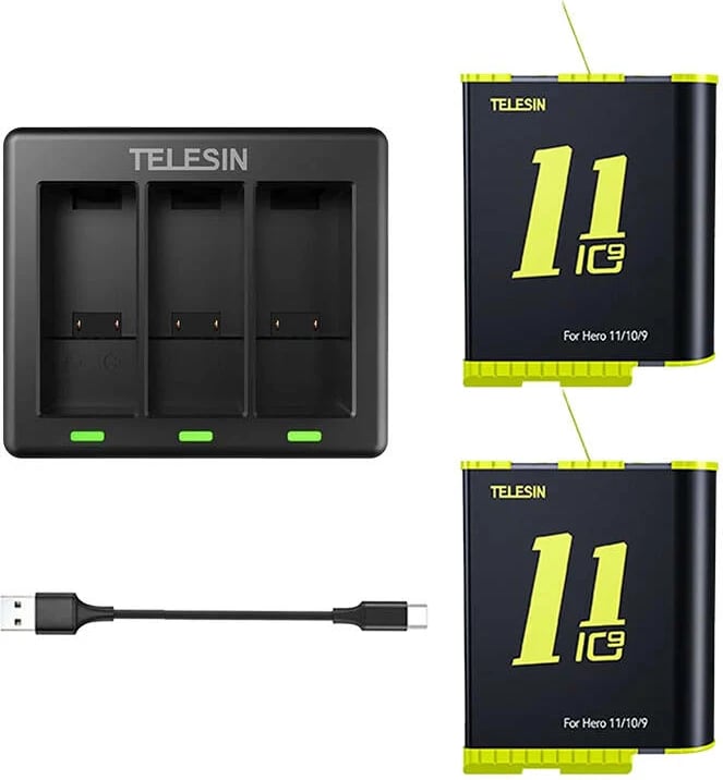 Karikues tre-kanalësh Telesin GP-BTR-903-B me 2 bateri për GoPro Hero 9/10/11/12, 1750 mAh, zi