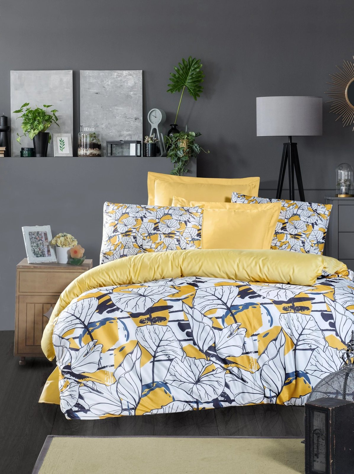 Set mbulesë për jorgan King, L'essentiel, Cassie, ngjyrë e verdhë, e bardhë, blu e errët (2 pjesë)