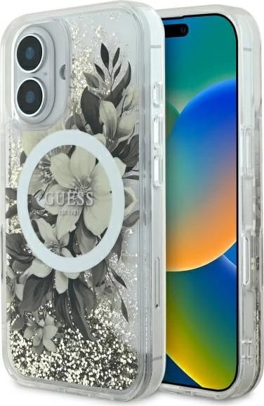 Mbështjellës Guess Liquid Glitter Flower MagSafe për iPhone 16, Bezhe