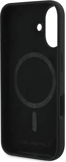 Mbështjellës Karl Lagerfeld Silicone Double Heads Print MagSafe për iPhone 16 Plus, i zi