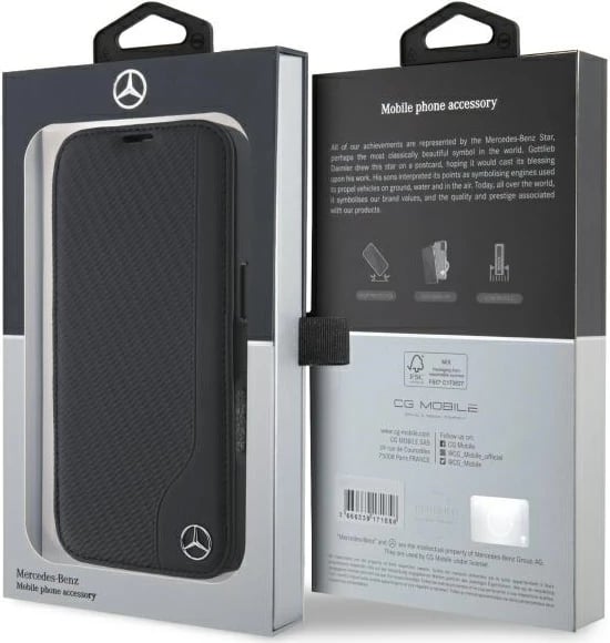 Mbështjellës Mercedes për iPhone 16, imitacion lëkure dhe druri, i zi