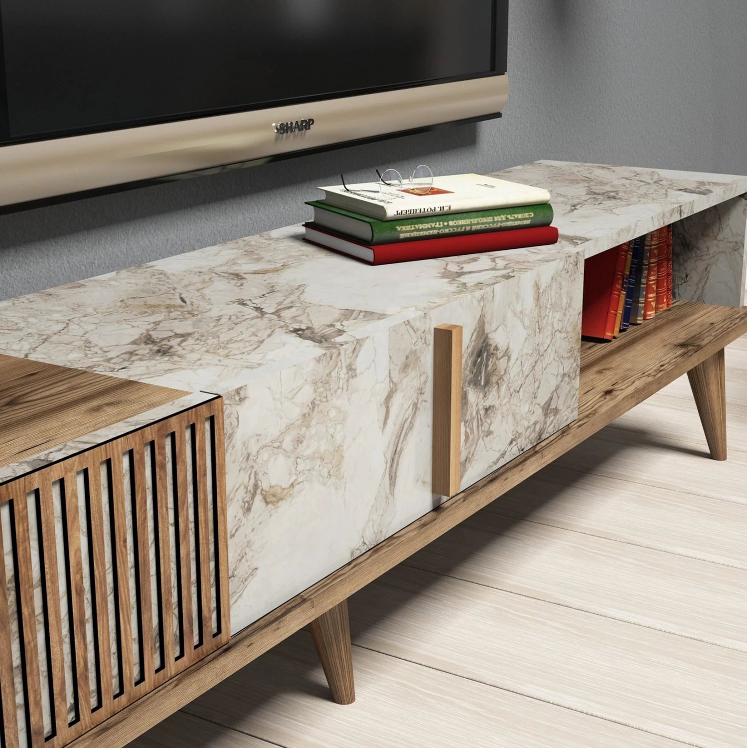 Mobilje TV melamine, ngjyrë arre dhe mermer i bardhë, 180x35x40 cm, FH9438.01