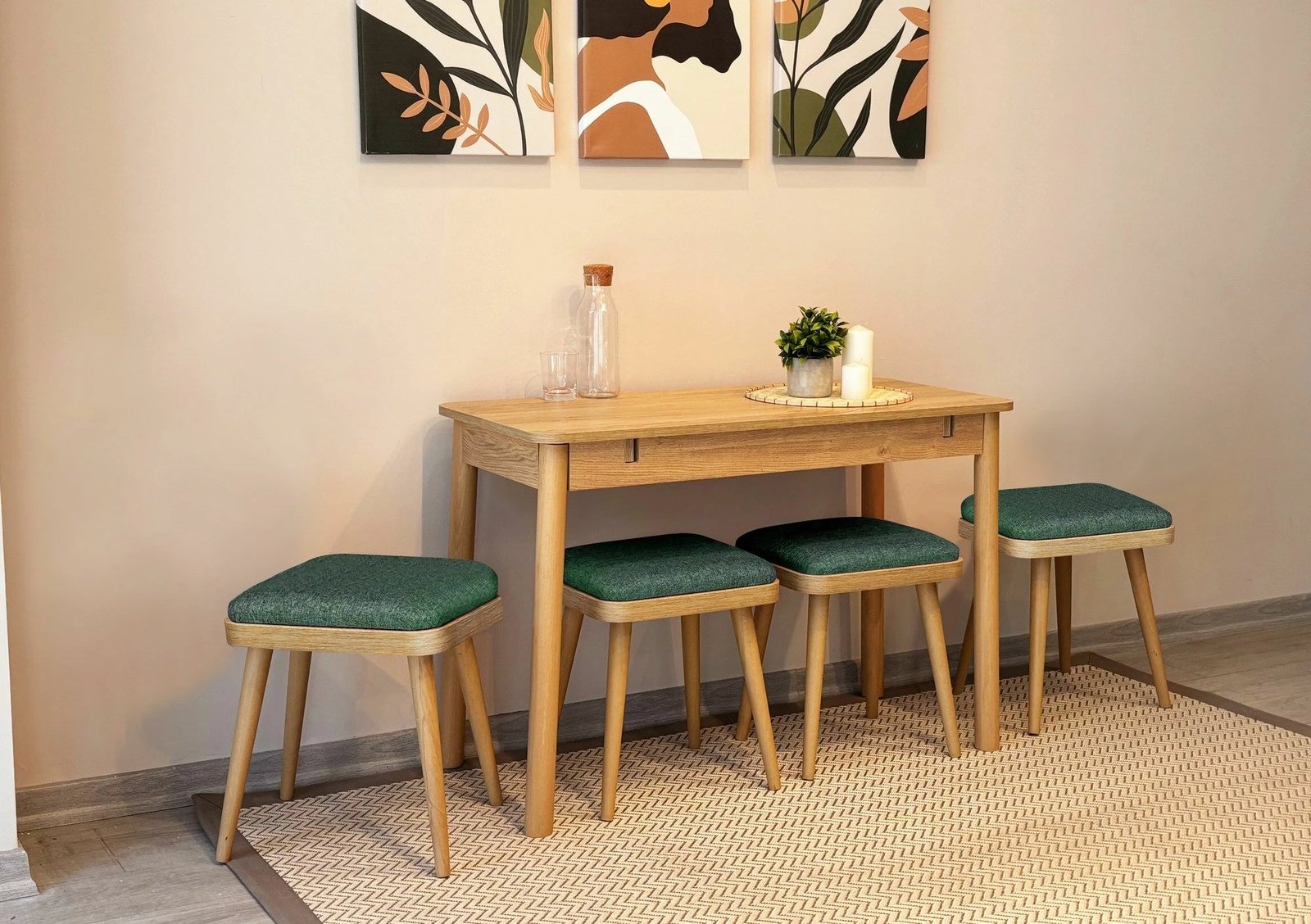 Set tavoline me karrige, zgjatshme, 6 pjesë, Skye Decor, Vina Mini 06 1070, ngjyrë lis, e gjelbër