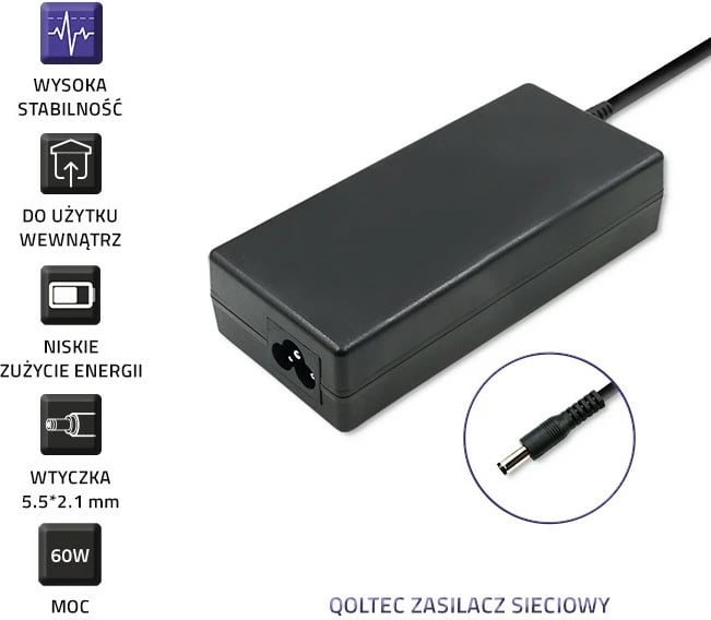 Adapter rryme Qoltec 50797, 60W, 12V, 5A, 5.5x2.1mm, me kabllo, i zi