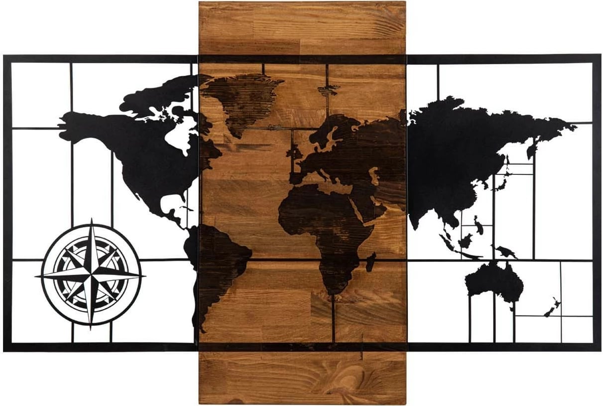 Aksesor dekorativ për mur, hartë bote me busull, ngjyrë e zezë dhe arre, 85x58cm