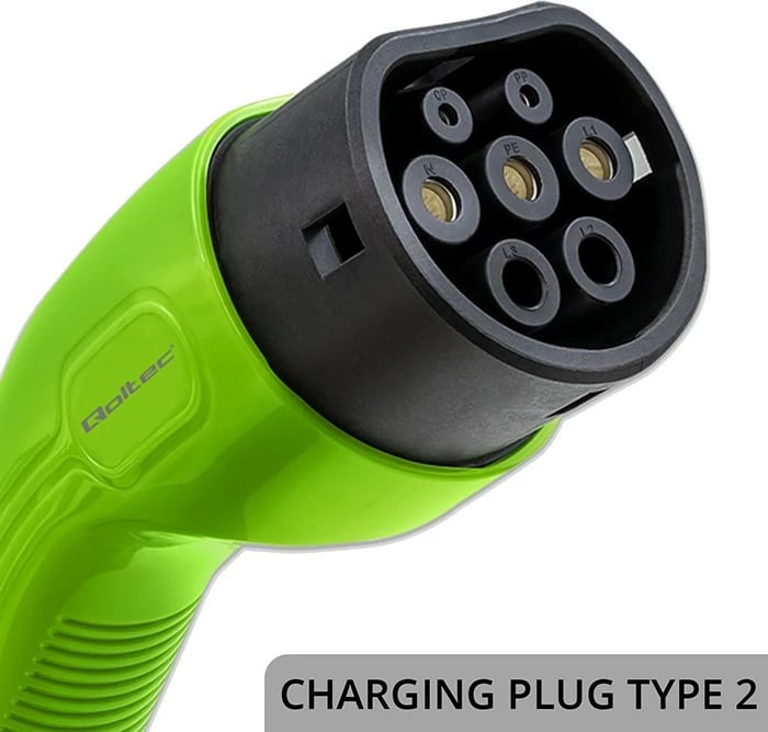 Karikues mobil EV, Qoltec 52574, Type 2, 3.5kW 230V, 1-fazë, rregullim 8A/10A/13A/16A, kabllo 4m, LCD, IP65 IK09, me çantë, e zezë e gjelbër