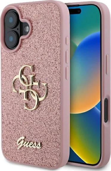 Mbështjellës Guess Fixed Glitter Big 4G për iPhone 16, Rozë