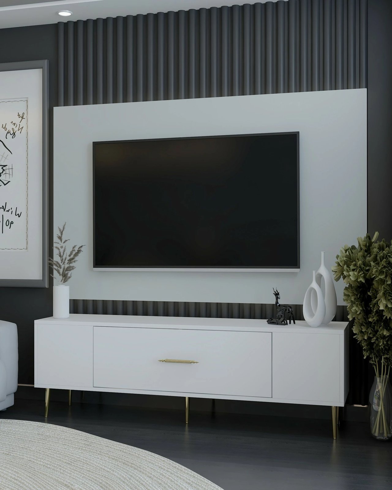 Komodë TV Skye Decor, e bardhë, e artë