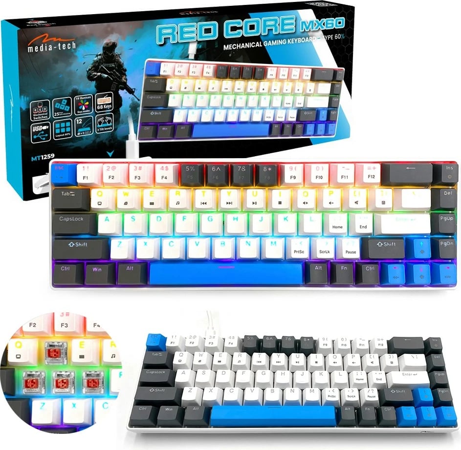 Tastierë mekanike gaming, Media-Tech, Red Core MX60 MT1259, 60% USB-C me kabëll, ndriçim LED RGB, 68 taste, e zezë/blu/e bardhë