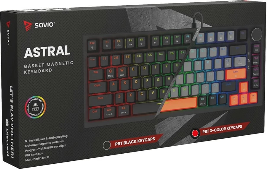 Tastierë magnetike gaming, Savio ASTRAL, Outemu White Jade, RGB, 82-taste QWERTY US, USB-C me knob, PBT keycaps, e zezë, set 3 ngjyra tastesh