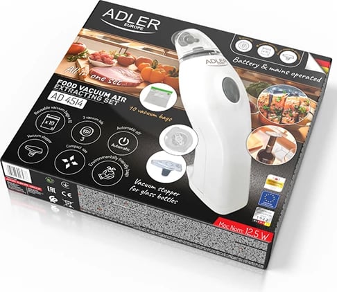 Set pompë vakumi ushqimi, Adler AD 4514, automatike, AC/6xAA, 8 L/min, 10 qese + 3 kapakë + tapë shishe, e bardhë