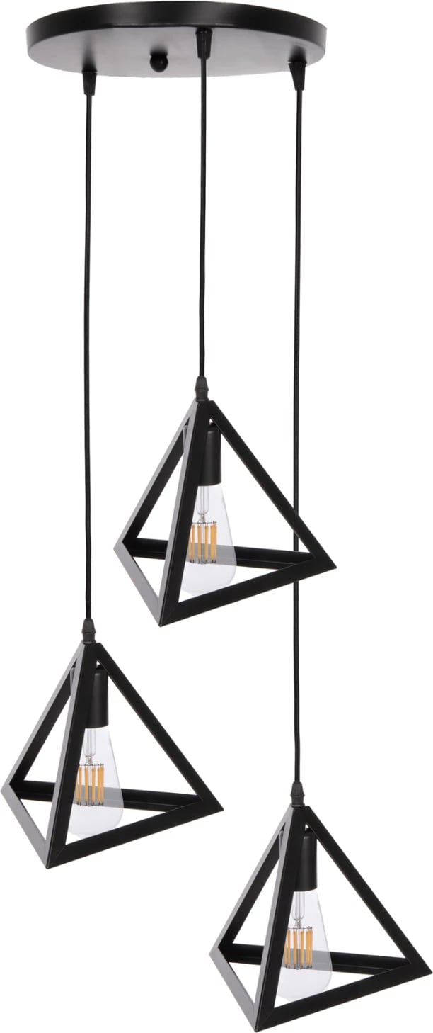 Llambë varëse tavani FH4182 3 kapakë metalikë të zinj piramidë Φ23x124Hcm Llambë varëse tavani FH4182 3 kapakë metalikë të zinj piramidë Φ23x124Hcm