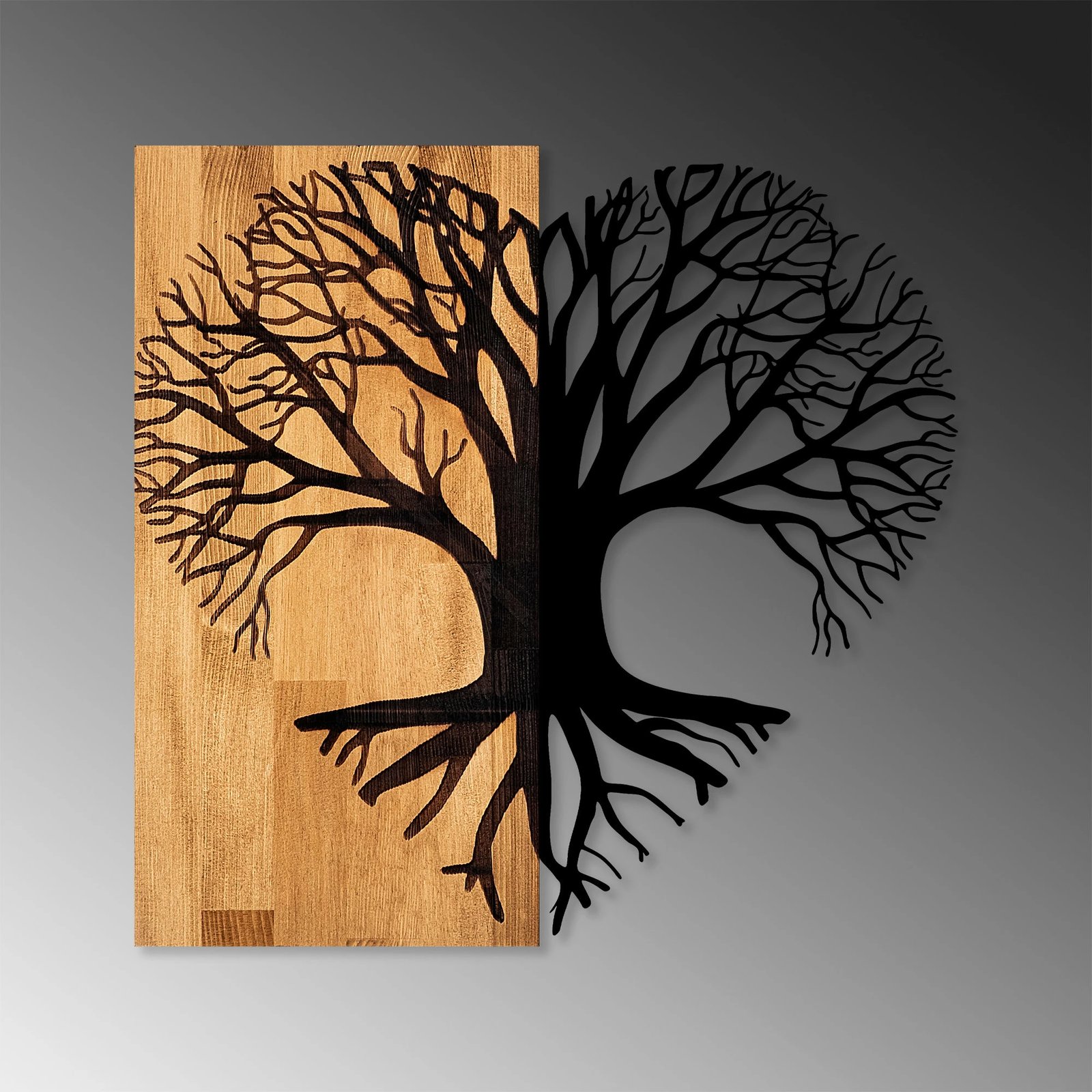 Aksesor dekorativ për mur, dru dhe metal, Love Tree, ngjyrë arre dhe e zezë, 58x60cm