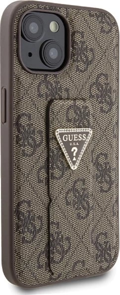 Mbështjellës Guess Grip Stand 4G Triangle Strass për iPhone 15, Kafe
