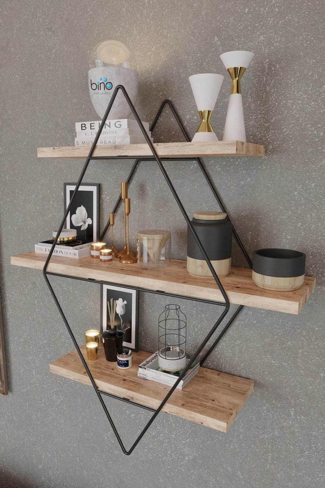 Raft muri dekorativ, ngjyrë ari dhe e zezë, Skye Decor, Prizma Raf, madhësi e madhe, për sallon