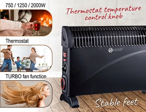 Ngrohës konvektor, Adler, MS 7741, 2000W, 3 nivele, termostat dhe timer 24h, Turbo fan, i zi