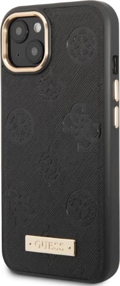 Mbështjellës Guess Peony Logo Plate për iPhone 13 6.1", MagSafe, i zi