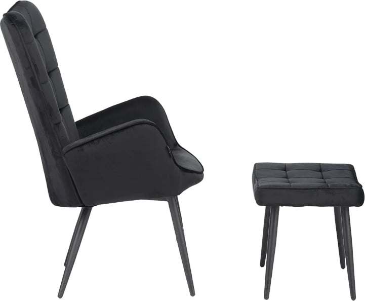 Fotel me stol Dorita, kadife e zezë, këmbë metalike të zeza, 68.5x76x103cm