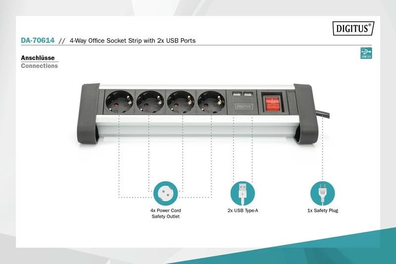 Prizë zgjatuese Digitus DA-70614, 4 dalje Schuko, 2x USB, alumini/zezë, 1.5m
