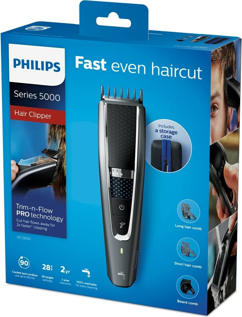 Maqinë për prerjen e flokëve Philips 5000 series HC5650/15, E zezë dhe Argjendtë Maqinë për prerjen e flokëve Philips 5000 series HC5650/15, E zezë dhe Argjendtë