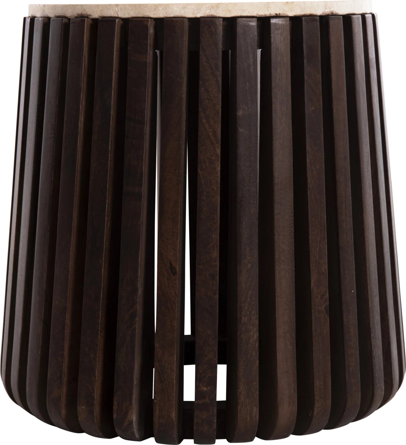 Tavolinë anësore KREST FH9711 dru akacie ngjyrë kafe e çelët-bardhë travertin Φ50x50Hcm