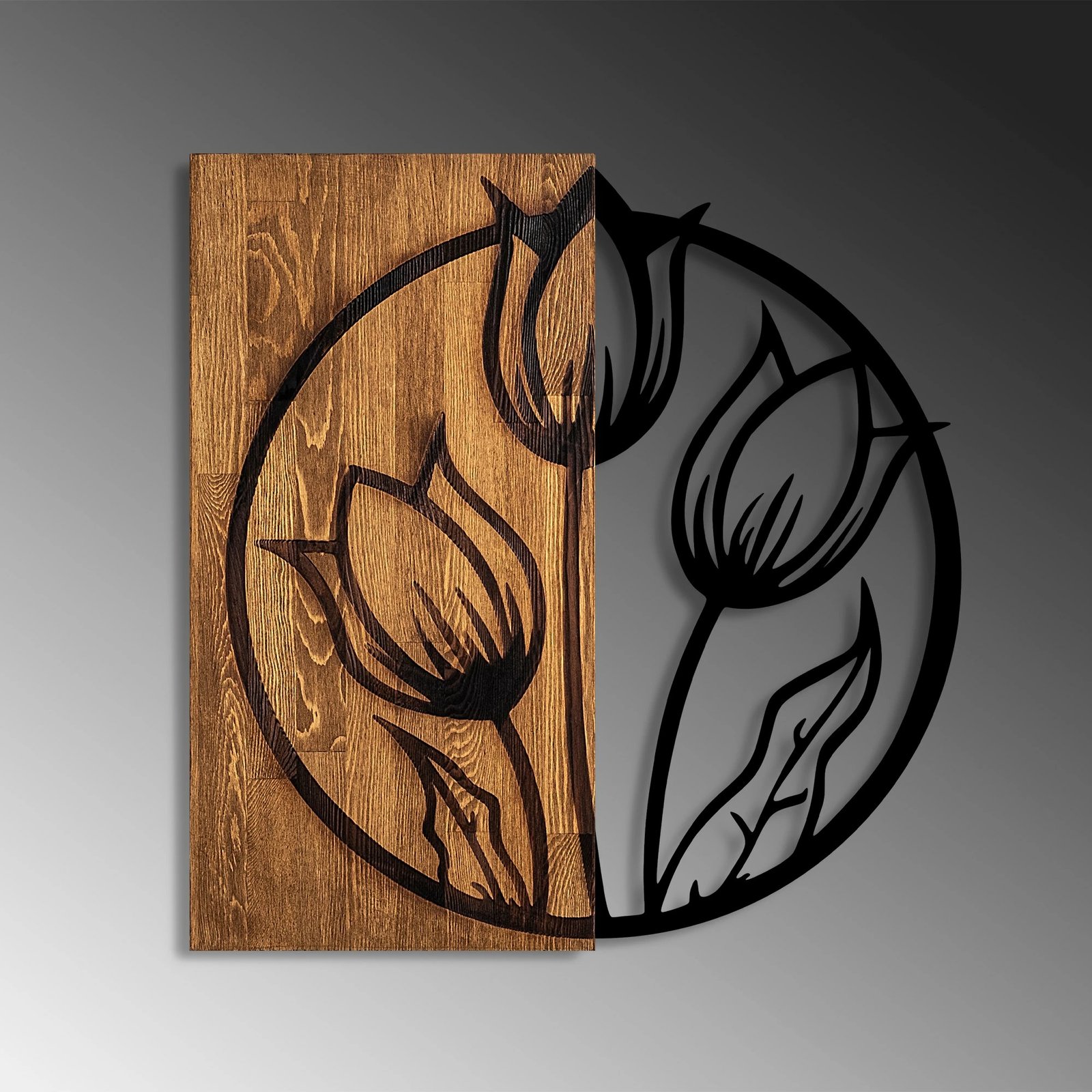 Aksesor dekorativ për mur, dru arre dhe metal, tulipanë, Wallity, 56x57cm