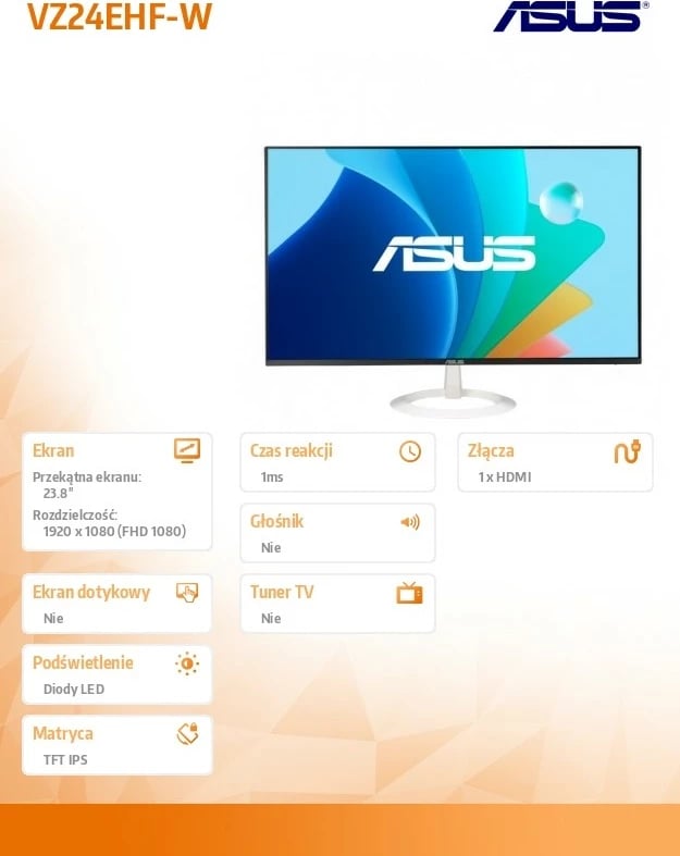 Monitor Asus VZ24EHF-W, 24", IPS, FHD, 100Hz, 1ms, Bardhë