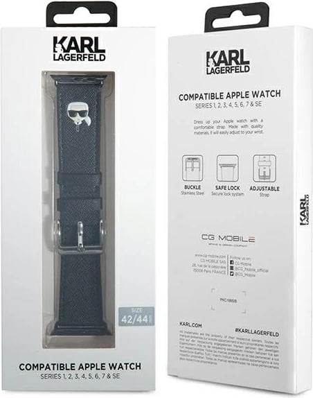 Rrip për Apple Watch Karl Lagerfeld KLAWLOKHK, Ikonik Saffiano, lëkurë artificiale, i zi, 42/44/45mm