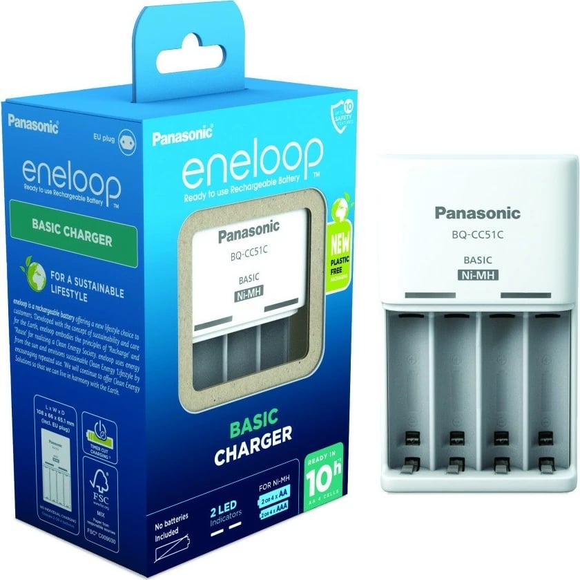 Karikues baterish Panasonic Eneloop BQCC17 me 4 bateri AA 2000 mAh, Bardhë