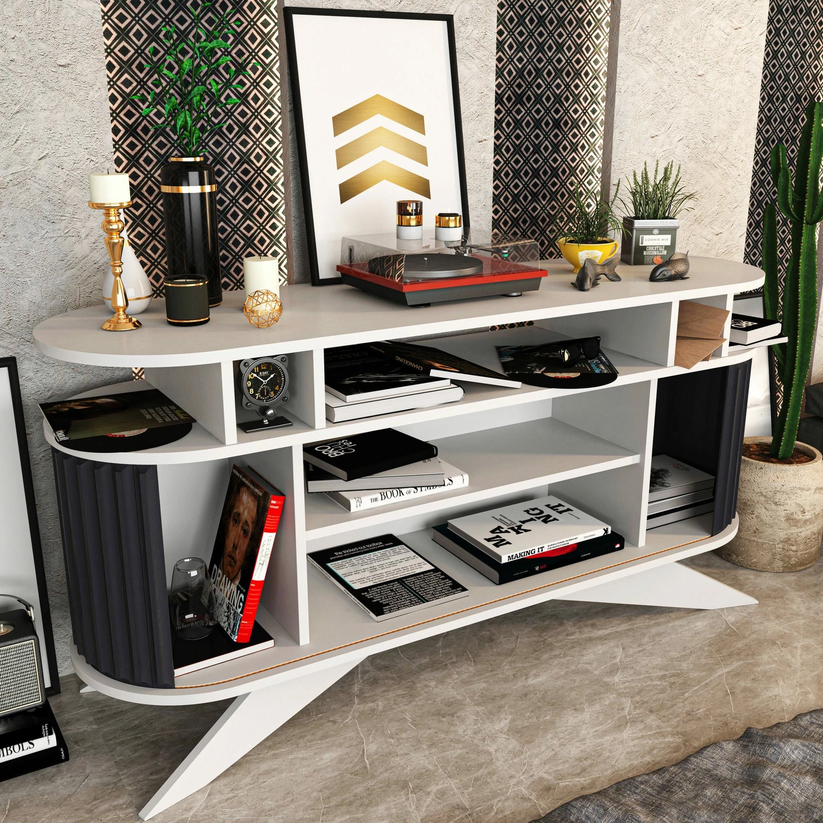 Komodë Hanah Home, e madhe, e bardhë dhe antracit