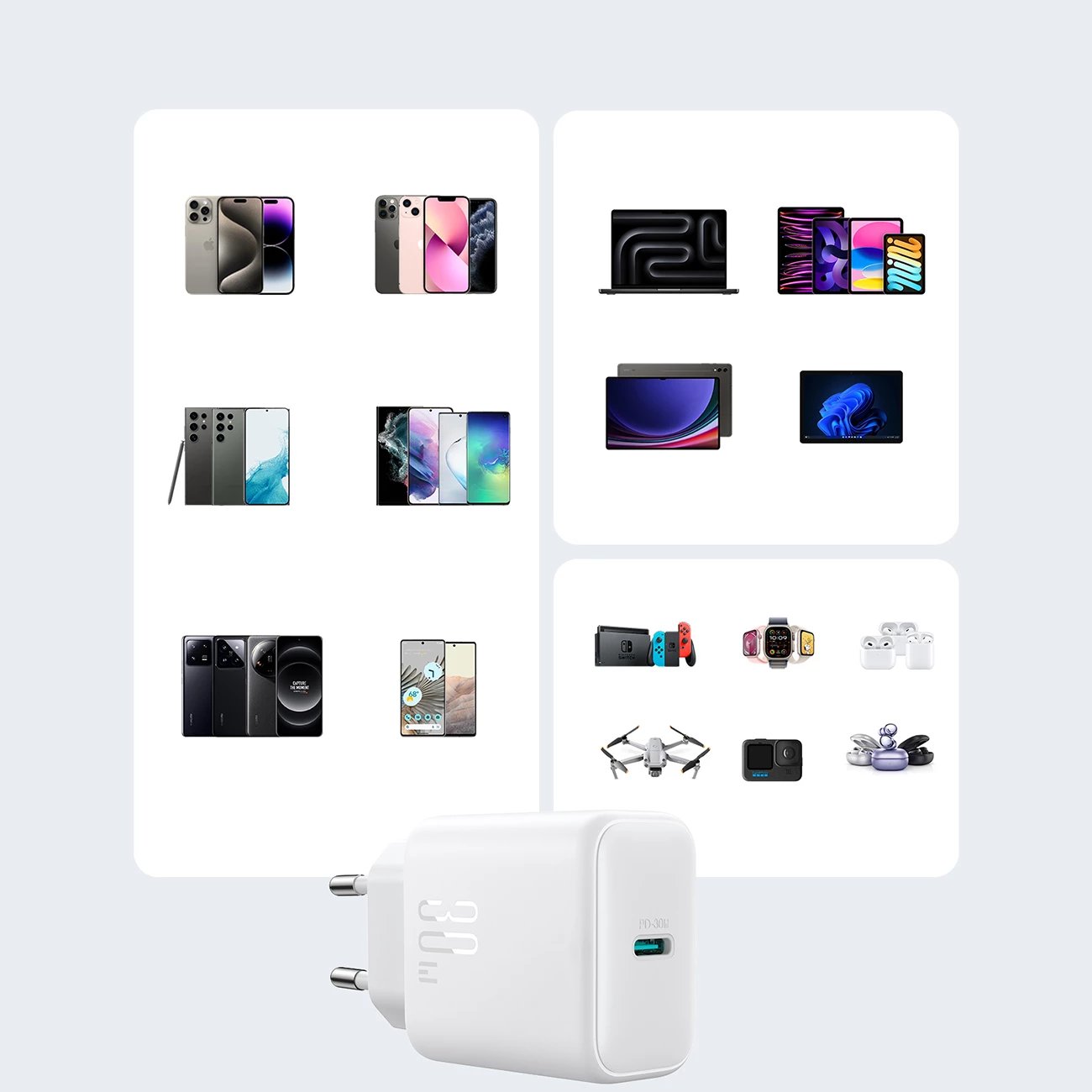 Karikues rrjeti USB-C PD 30W QC SFC, Joyroom JR-TCF24, 1 port, PPS, prizë EU, kabllo USB-C 1m, i bardhë, set