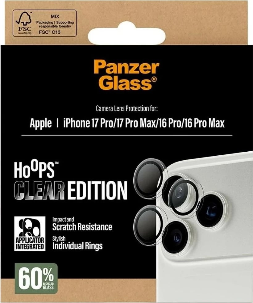 Mbështjellës xhami PanzerGlass për kamerë iPhone 16 Pro/16 Pro Max/17 Pro/17 Pro Max transparent