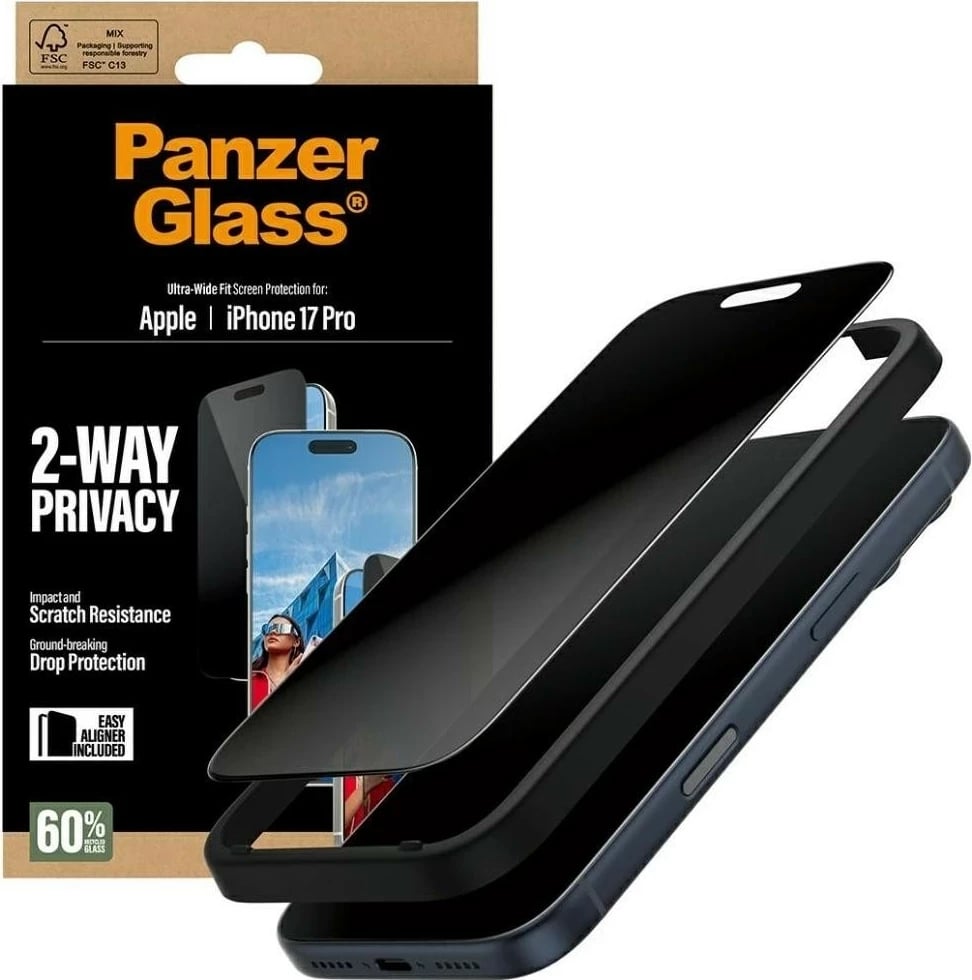 Mbështjellës PanzerGlass Ultra-Wide Fit EasyAligner për iPhone 17 Pro, privacy glass, e zezë