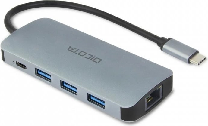 Hub USB‑C 8‑në‑1 DICOTA D32062 4K, PD 100W, HDMI, RJ‑45, 3x USB‑A, USB‑C, lexues SD/microSD argjendtë
