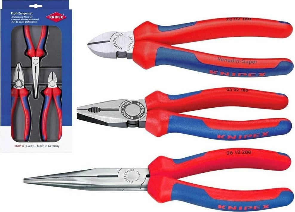 Set pinca KNIPEX, 3 copë, për punë shërbimi, Kuq e Blu