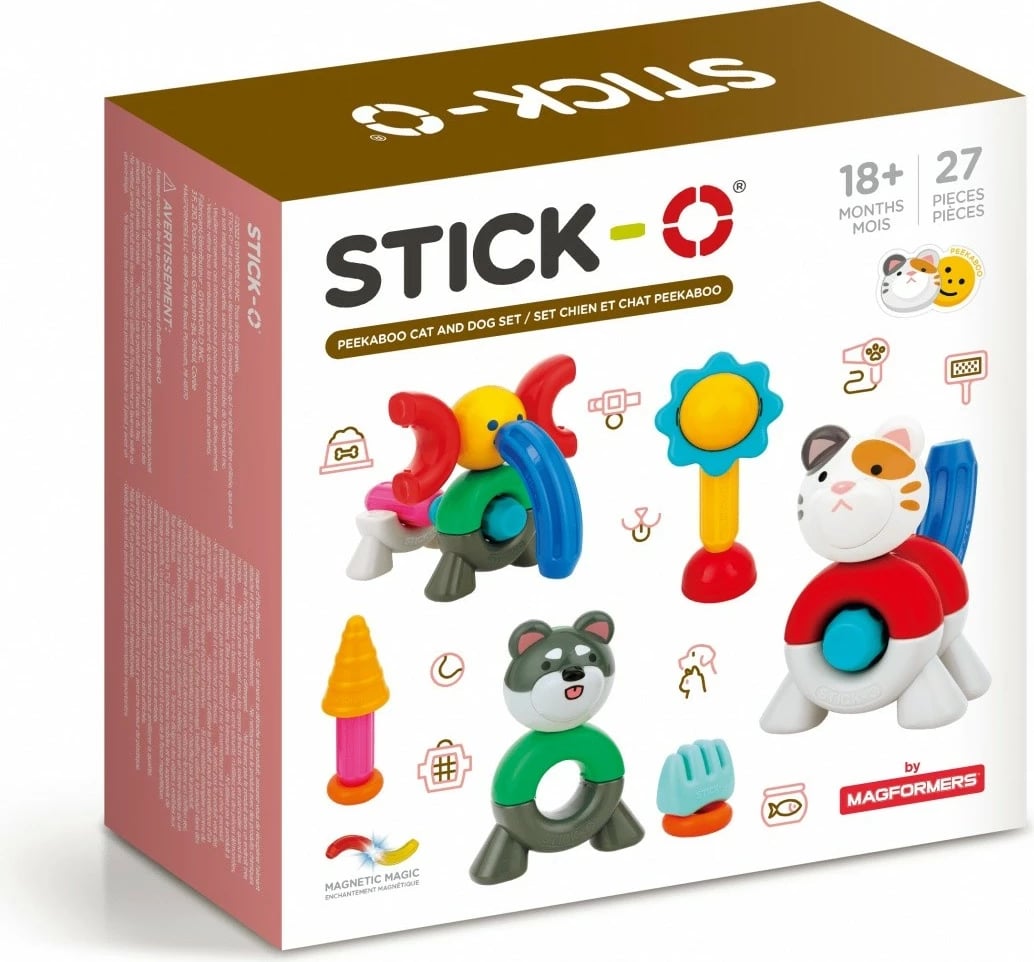 Set lodrash magnetike Magformers Stick-o Cat and Dog, 27 pjesë, për fëmijë, shumëngjyrëshe